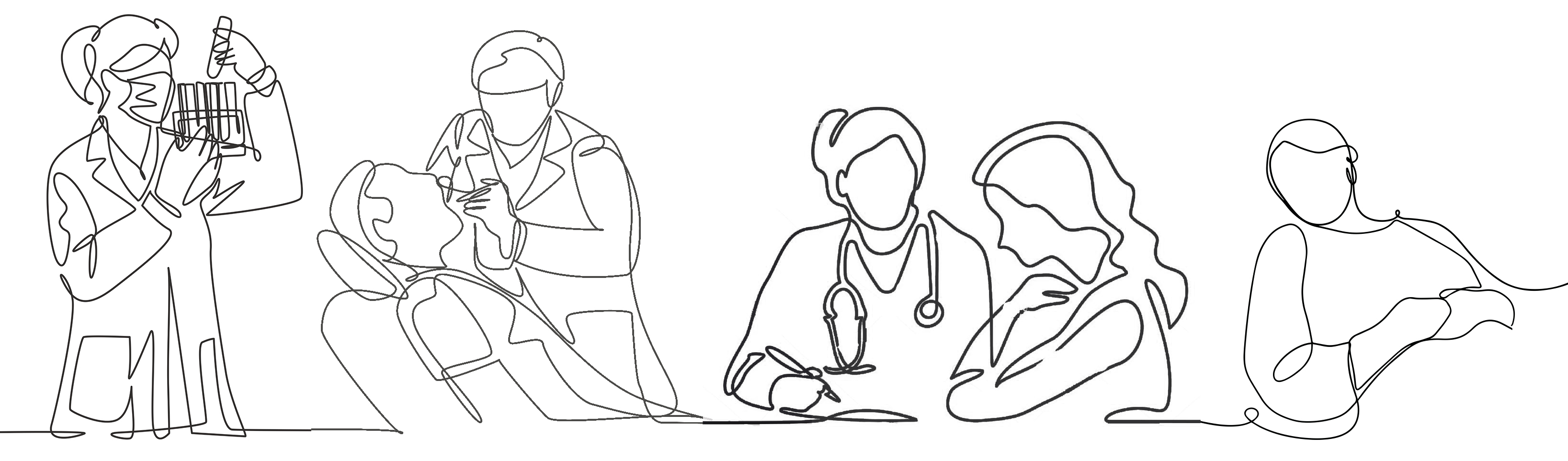 A line-drawing illustration of different healthcare professions including dentist and doctor